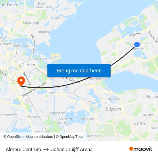 Almere Centrum to Johan Cruijff Arena map