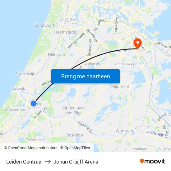 Leiden Centraal to Johan Cruijff Arena map