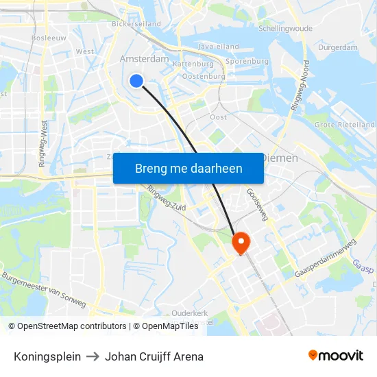 Koningsplein to Johan Cruijff Arena map