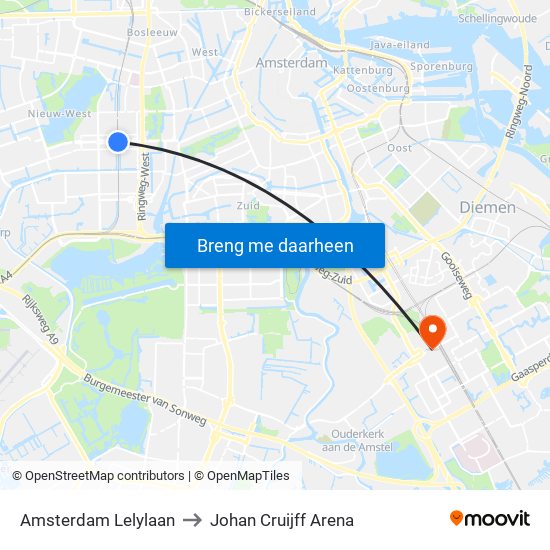 Amsterdam Lelylaan to Johan Cruijff Arena map