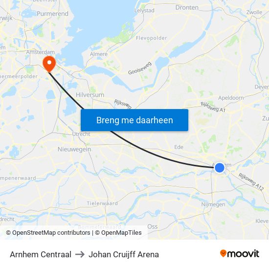 Arnhem Centraal to Johan Cruijff Arena map