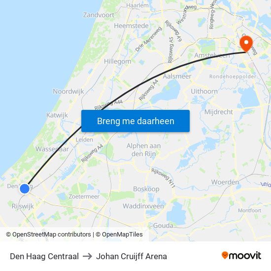 Den Haag Centraal to Johan Cruijff Arena map