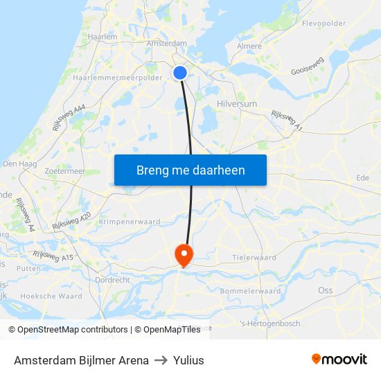 Amsterdam Bijlmer Arena to Yulius map