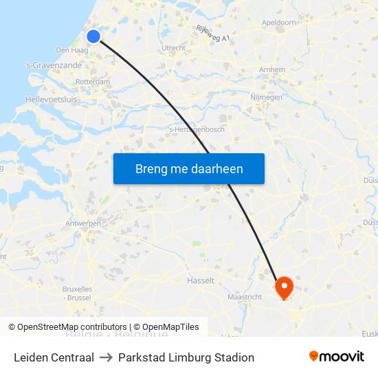 Leiden Centraal to Parkstad Limburg Stadion map