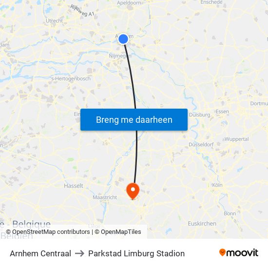 Arnhem Centraal to Parkstad Limburg Stadion map