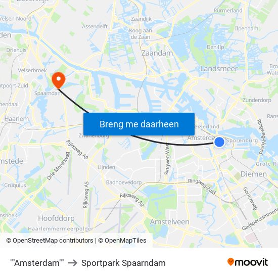 ""Amsterdam"" to Sportpark Spaarndam map