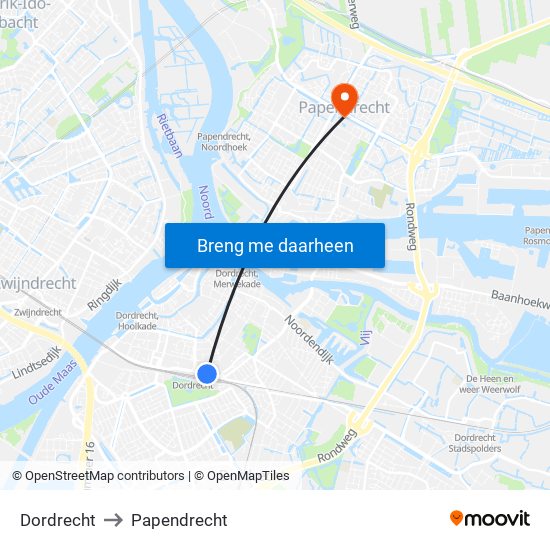 Dordrecht to Papendrecht map