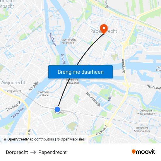 Dordrecht to Papendrecht map