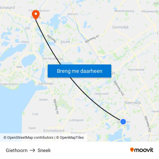 Giethoorn to Sneek map
