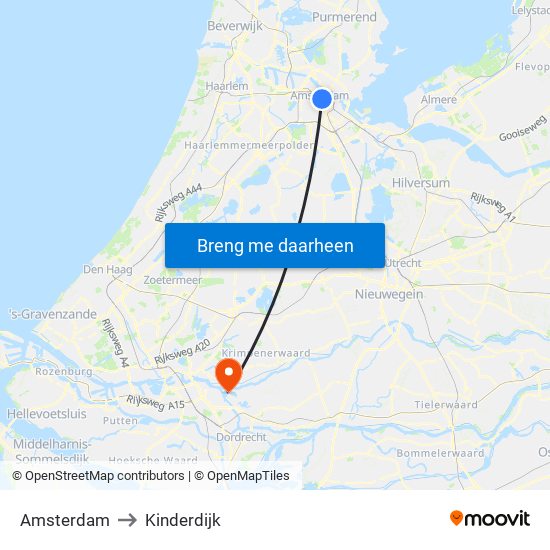 Amsterdam to Kinderdijk map