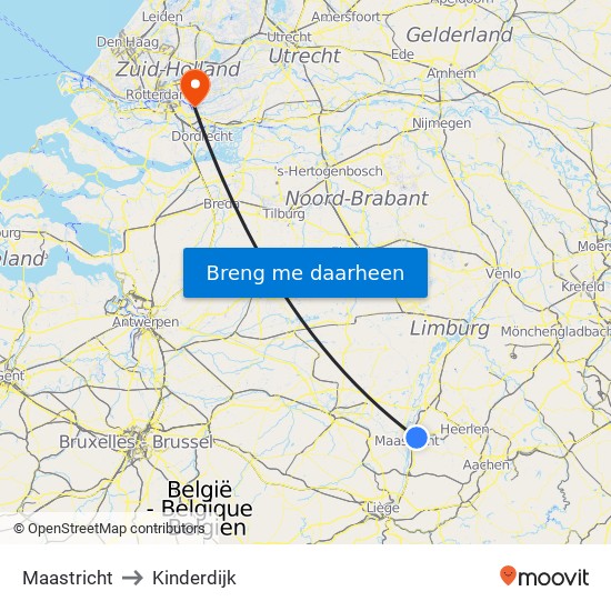 Maastricht to Kinderdijk map