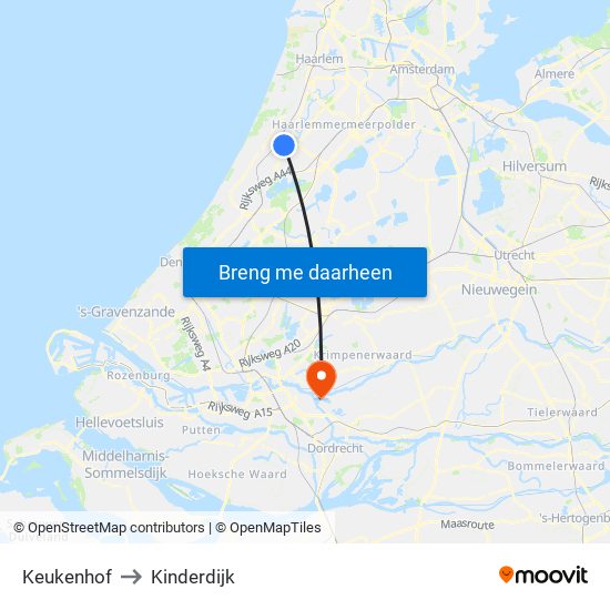 Keukenhof to Kinderdijk map