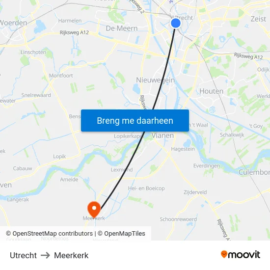 Utrecht to Meerkerk map