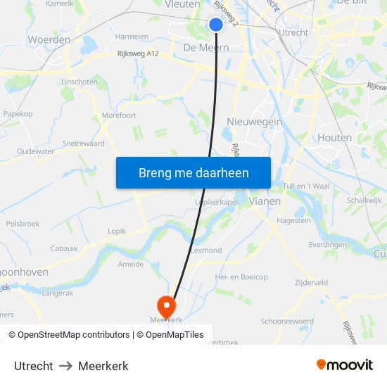 Utrecht to Meerkerk map