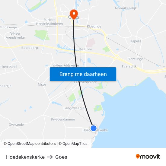 Hoedekenskerke to Goes map