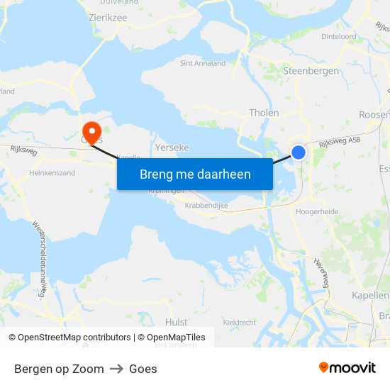 Bergen op Zoom to Goes map