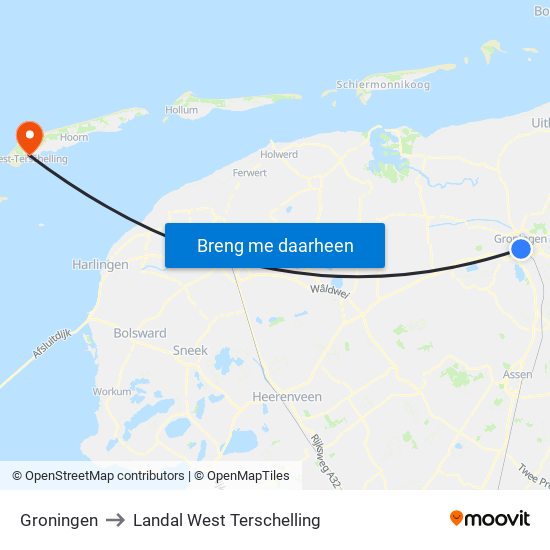 Groningen to Landal West Terschelling map