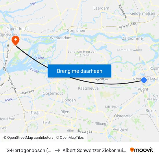 'S-Hertogenbosch (Den Bosch) to Albert Schweitzer Ziekenhuis, Loc. Dordwijk map