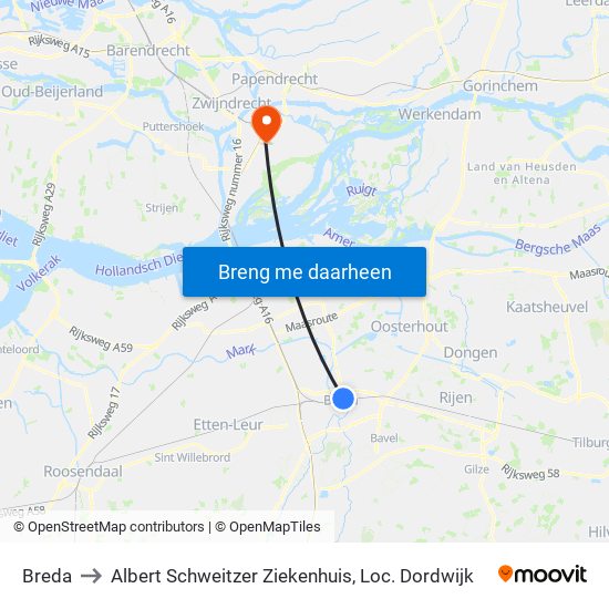 Breda to Albert Schweitzer Ziekenhuis, Loc. Dordwijk map