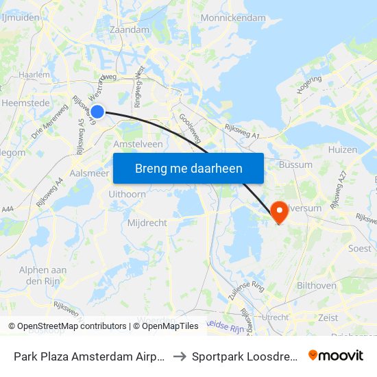 Park Plaza Amsterdam Airport to Sportpark Loosdrecht map