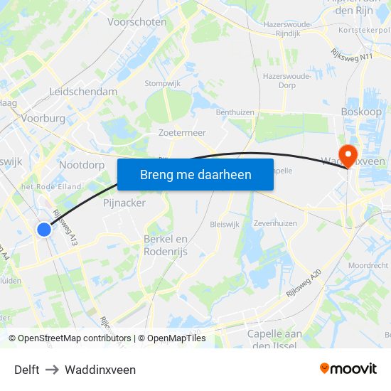 Delft to Waddinxveen map