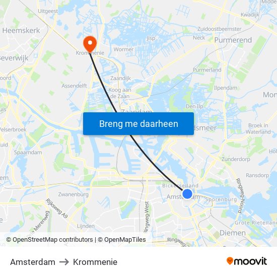 Amsterdam to Krommenie map
