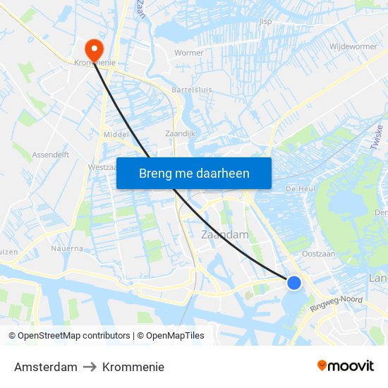 Amsterdam to Krommenie map