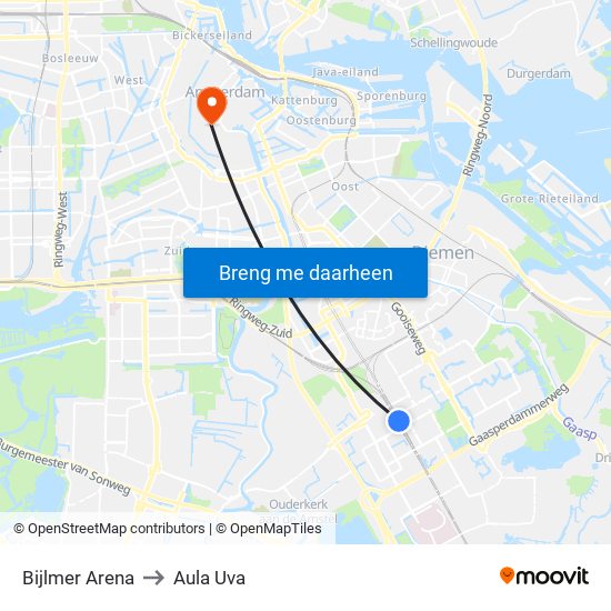 Bijlmer Arena to Aula Uva map