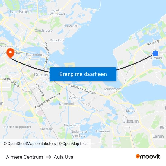 Almere Centrum to Aula Uva map