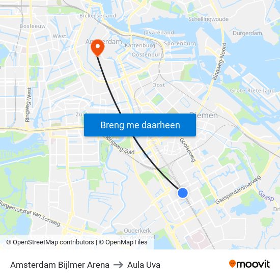 Amsterdam Bijlmer Arena to Aula Uva map