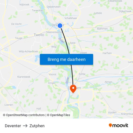 Deventer to Zutphen map