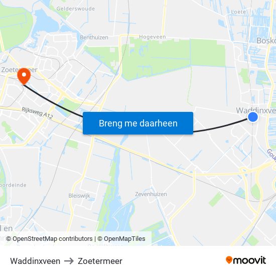 Waddinxveen to Zoetermeer map