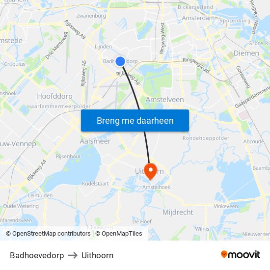 Badhoevedorp to Uithoorn map