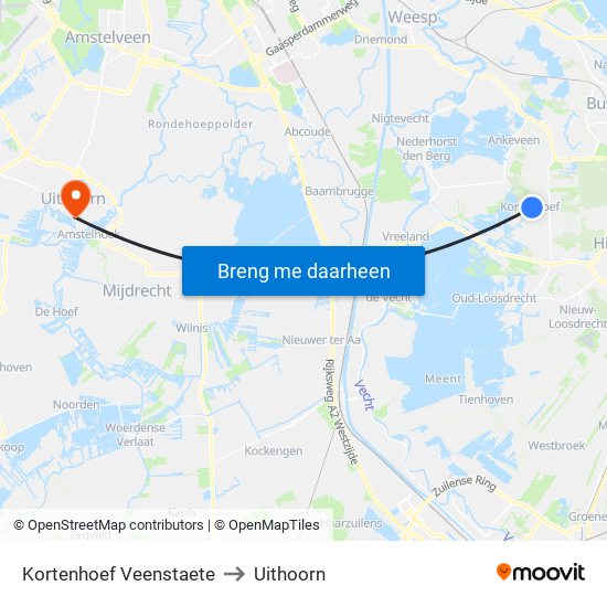 Kortenhoef Veenstaete to Uithoorn map