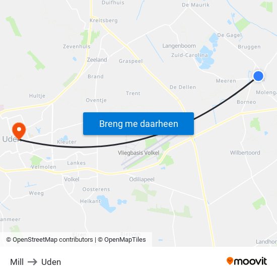 Mill to Uden map