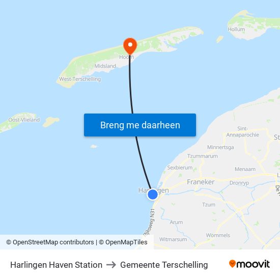 Harlingen Haven Station to Gemeente Terschelling map