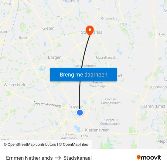 Emmen Netherlands to Stadskanaal map