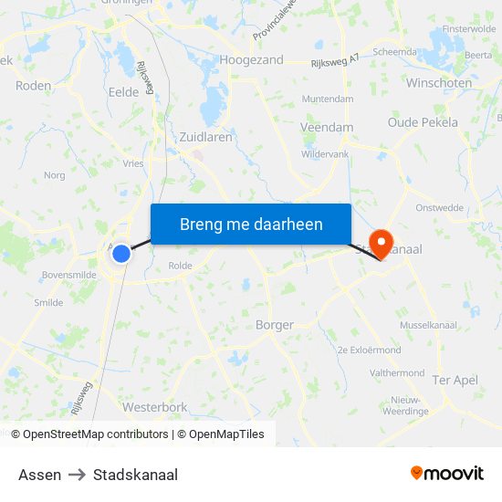 Assen to Stadskanaal map