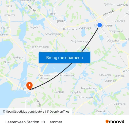 Heerenveen Station to Lemmer map