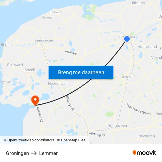 Groningen to Lemmer map