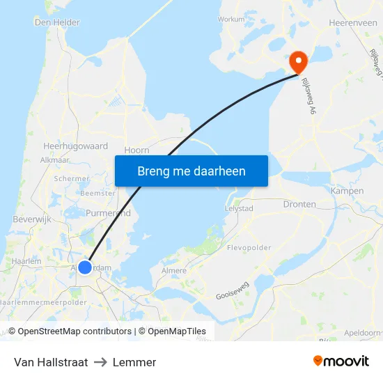 Van Hallstraat to Lemmer map