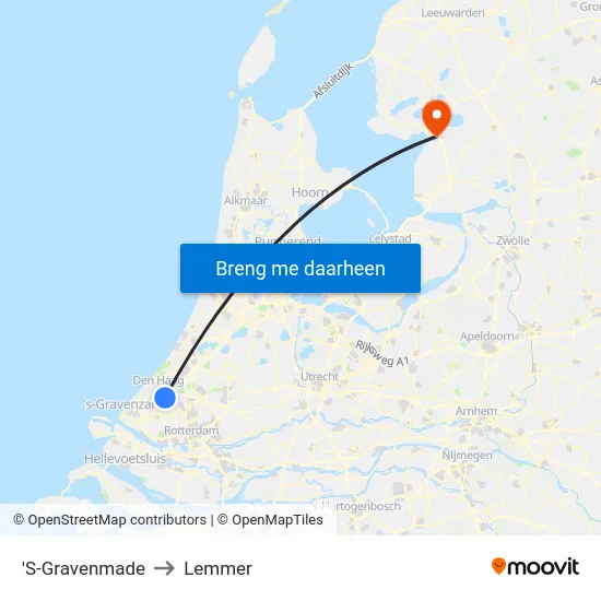 'S-Gravenmade to Lemmer map