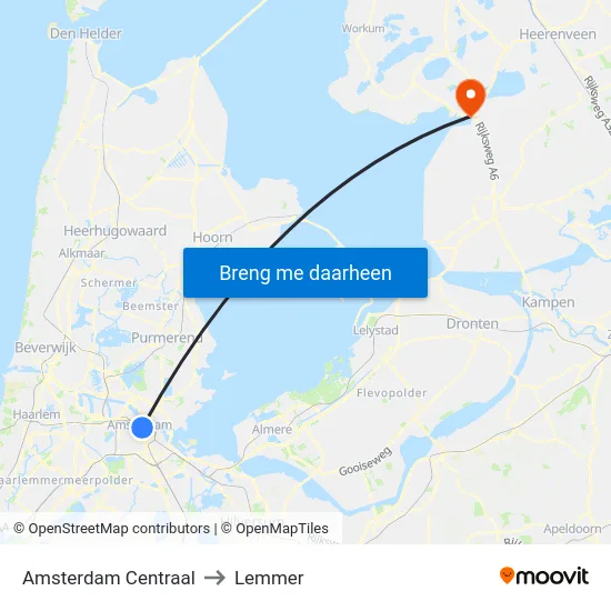 Amsterdam Centraal to Lemmer map