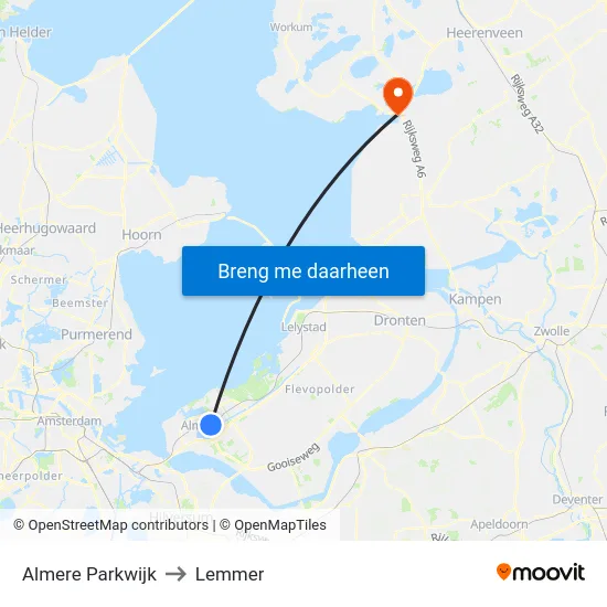 Almere Parkwijk to Lemmer map