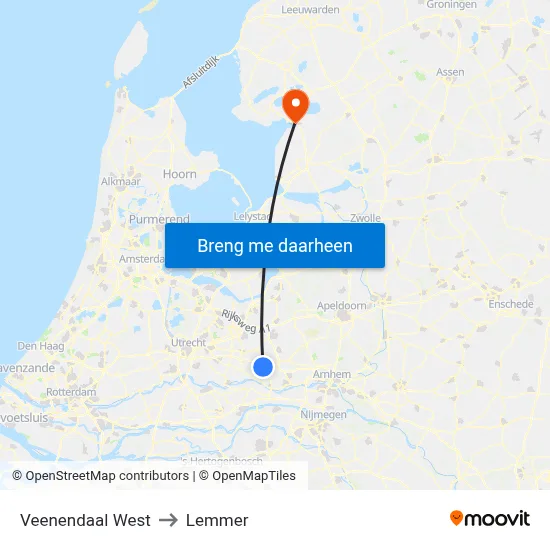 Veenendaal West to Lemmer map