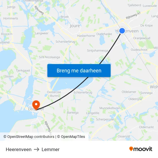 Heerenveen to Lemmer map