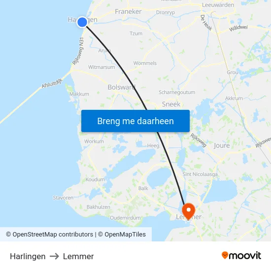 Harlingen to Lemmer map