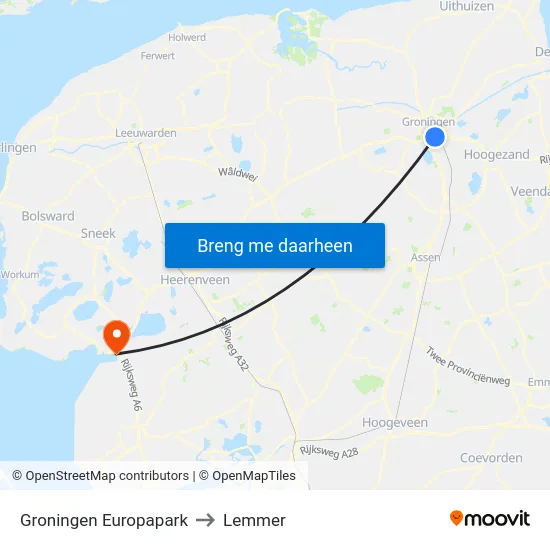Groningen Europapark to Lemmer map
