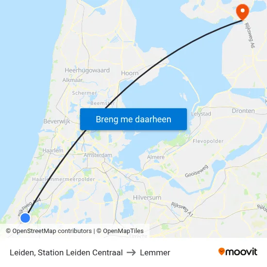 Leiden, Station Leiden Centraal to Lemmer map