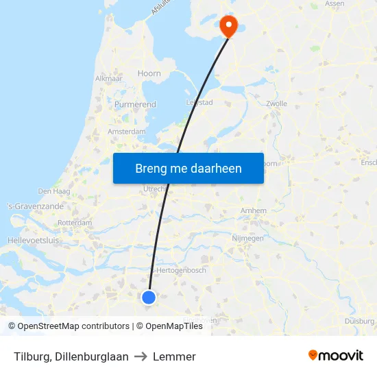 Tilburg, Dillenburglaan to Lemmer map